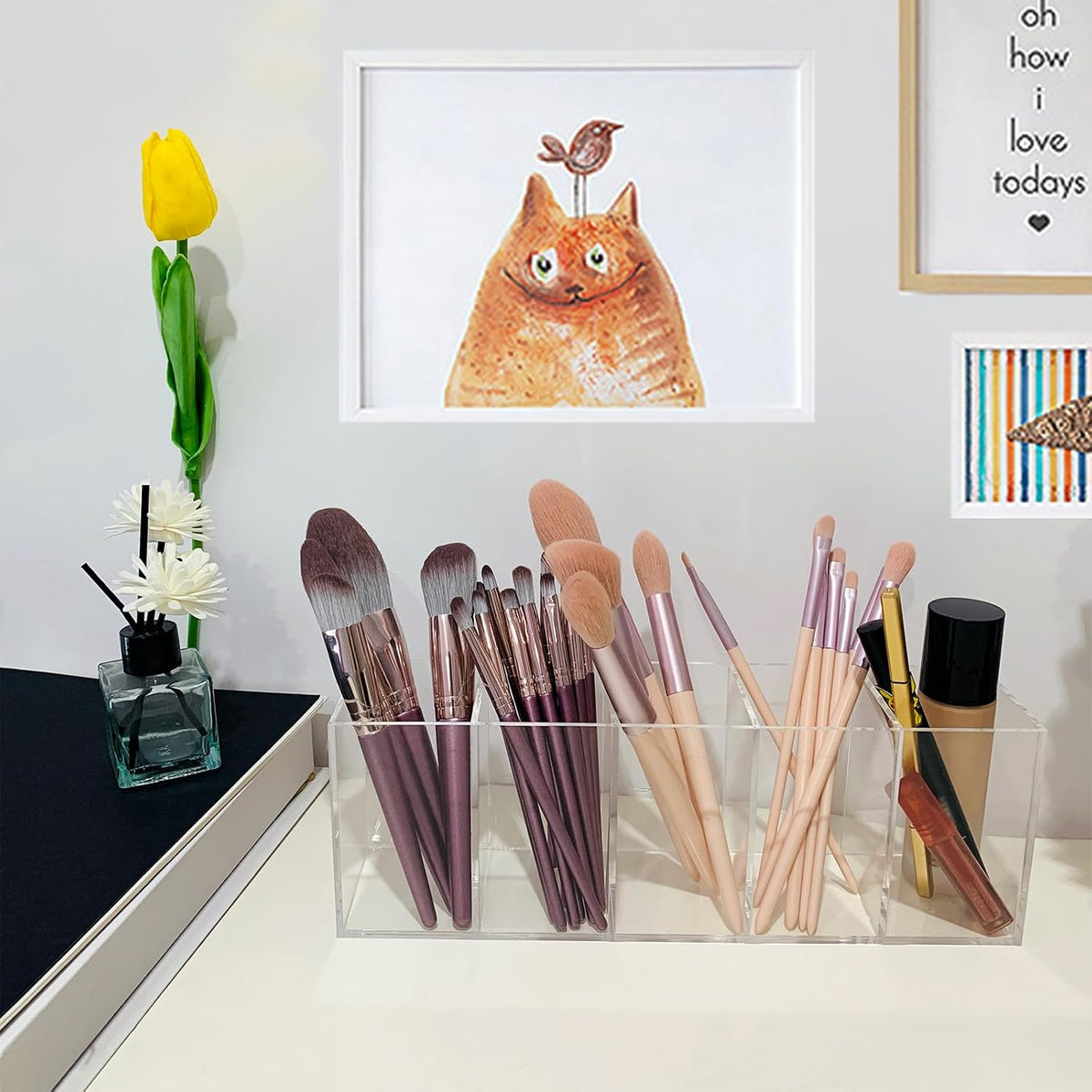 HSYMQ Acrylic Clear Pen Holder 5 Compartments Pencil Holder