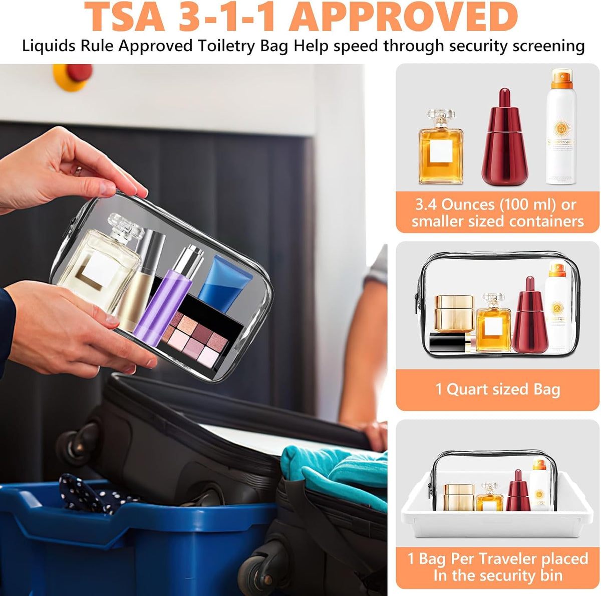 AURUZA Clear Makeup Bag,Portable Travel Toiletry Bags with Zipper, TSA Approved Clear Organizer Bags, PVC Cosmetic Pouch for Airport Airline Compliant