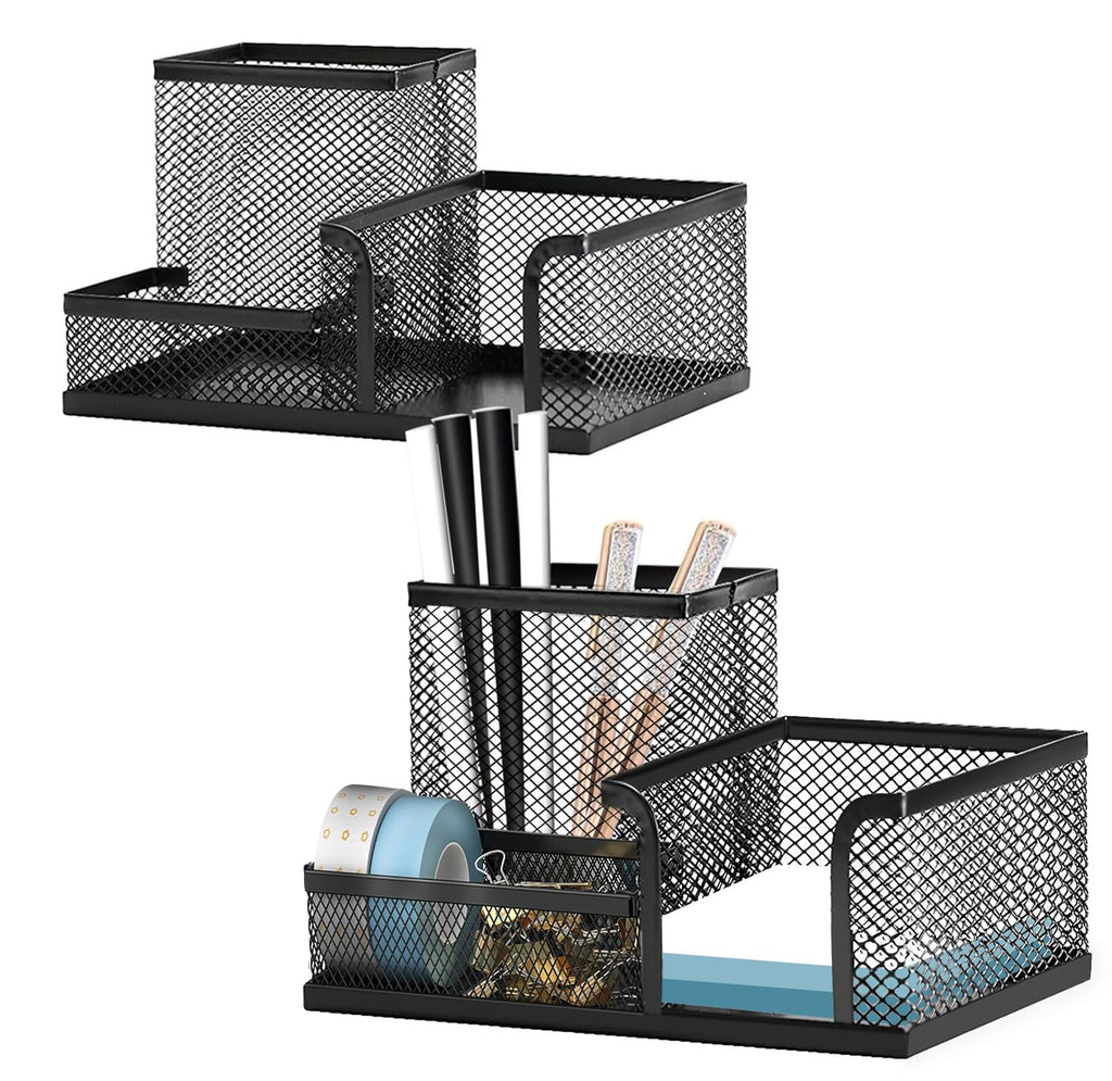 Pen Holder for Desk, Desk Organizers Set-3 Compartments Mesh Pencil Holder with Pencil Pen Cup and Paper Clip holder, Desk Accessories for Marker Craft, Ideal Office School Supplies(3 pack, Black)