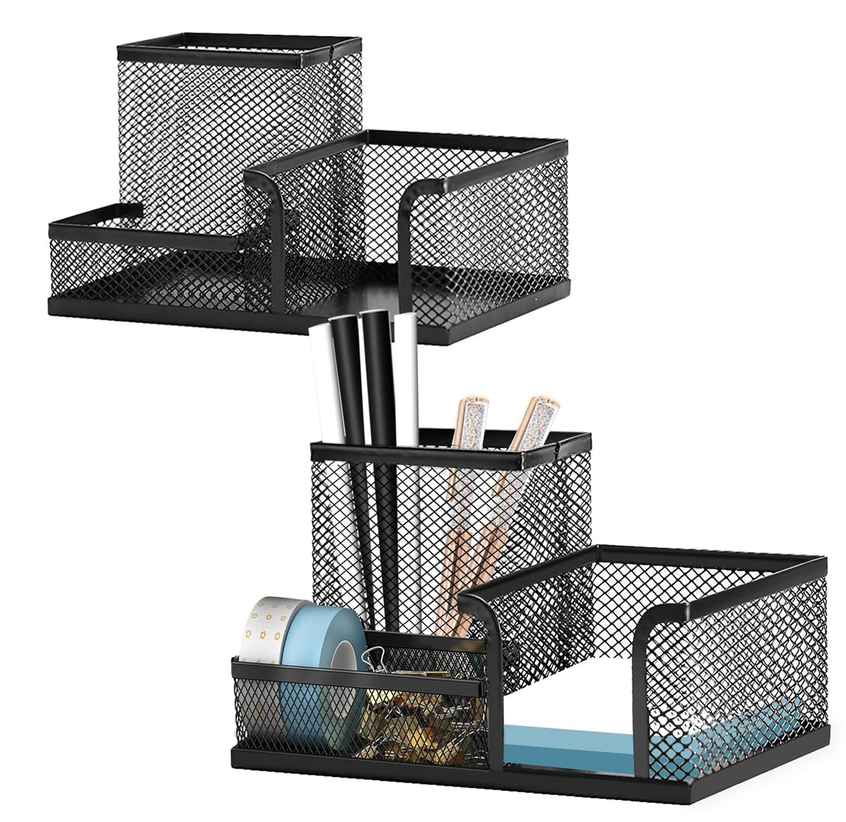 Pen Holder for Desk, Desk Organizers Set-3 Compartments Mesh Pencil Holder with Pencil Pen Cup and Paper Clip holder, Desk Accessories for Marker Craft, Ideal Office School Supplies(3 pack, Black)