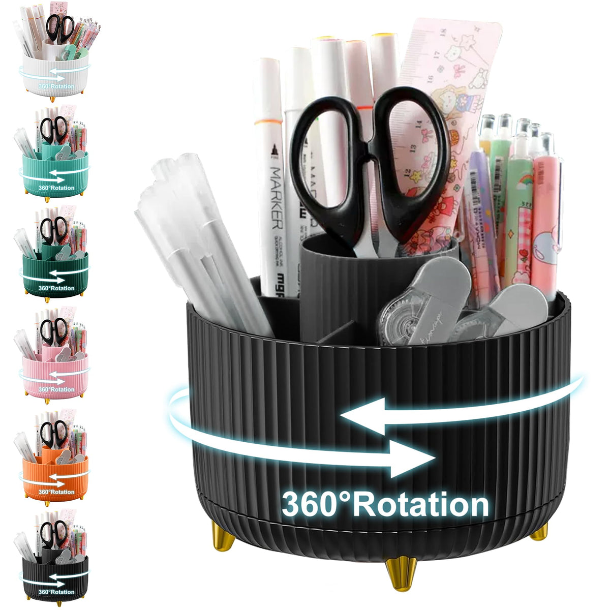 Cayxenful Pencil Holder For Desk,5 Slots 360°Degree Rotating Desk Organizers And Accessories,Desktop Storage Stationery Supplies Organizer, Cute Pencil Cup Pot For Office, School, Home (B-White)