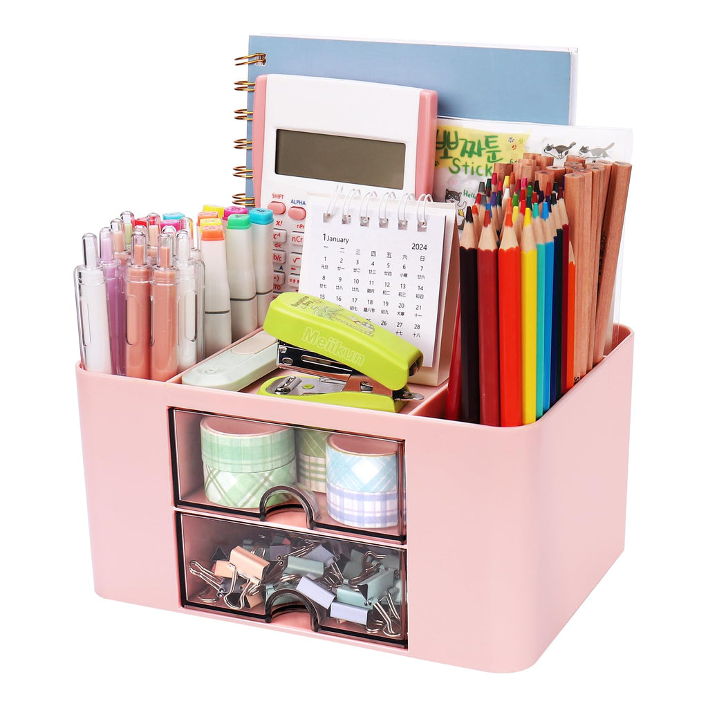 Meiikun Desk Organizer with Drawer, Pen Organizer for Desk, Small Pencil Holder, Desk Organizers and Accessories for Office Home Storage (2 Drawers+4 Compartments, Pink)