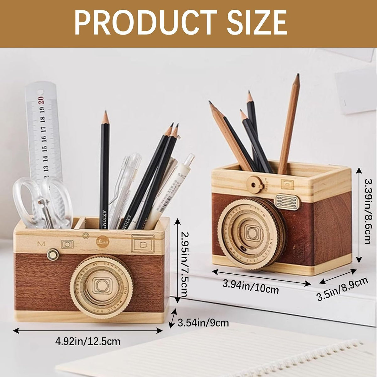 Vintage Wooden Camera Pencil Holder – Retro Desk Organizer for Pens & Stationery, Unique Photography Gift for Photographers, Creative Wooden Pen Holder for Office & Home Decor (Double slot)