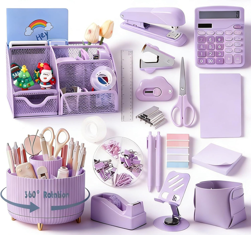 Gawsey Desk Organizers and Accessories with Desk Organizer 360° Rotating Pen Holder and Office Supplies, Cute Stationery Supplies Set (Purple)