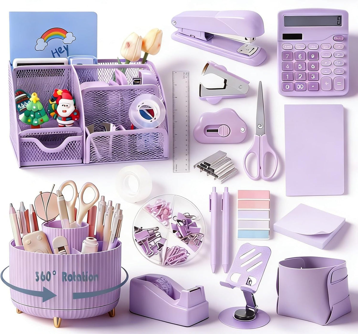 Gawsey Desk Organizers and Accessories with Desk Organizer 360° Rotating Pen Holder and Office Supplies, Cute Stationery Supplies Set (Purple)