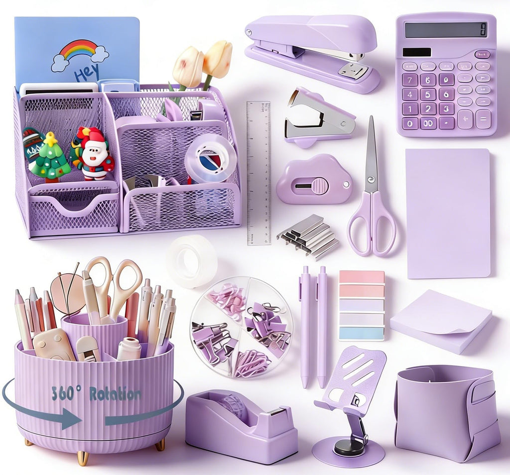 Gawsey Desk Organizers and Accessories with Desk Organizer 360° Rotating Pen Holder and Office Supplies, Cute Stationery Supplies Set (Purple)