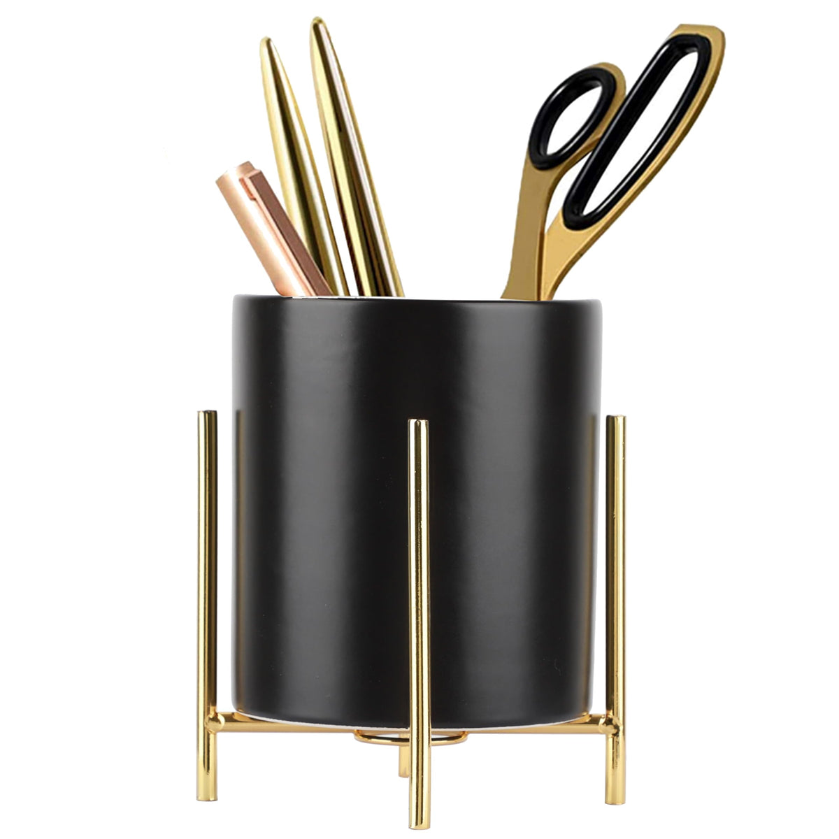 Gold pencil cup Sturdy metal frame with white ceramic pen holder For desks and kitchen appliance holders
