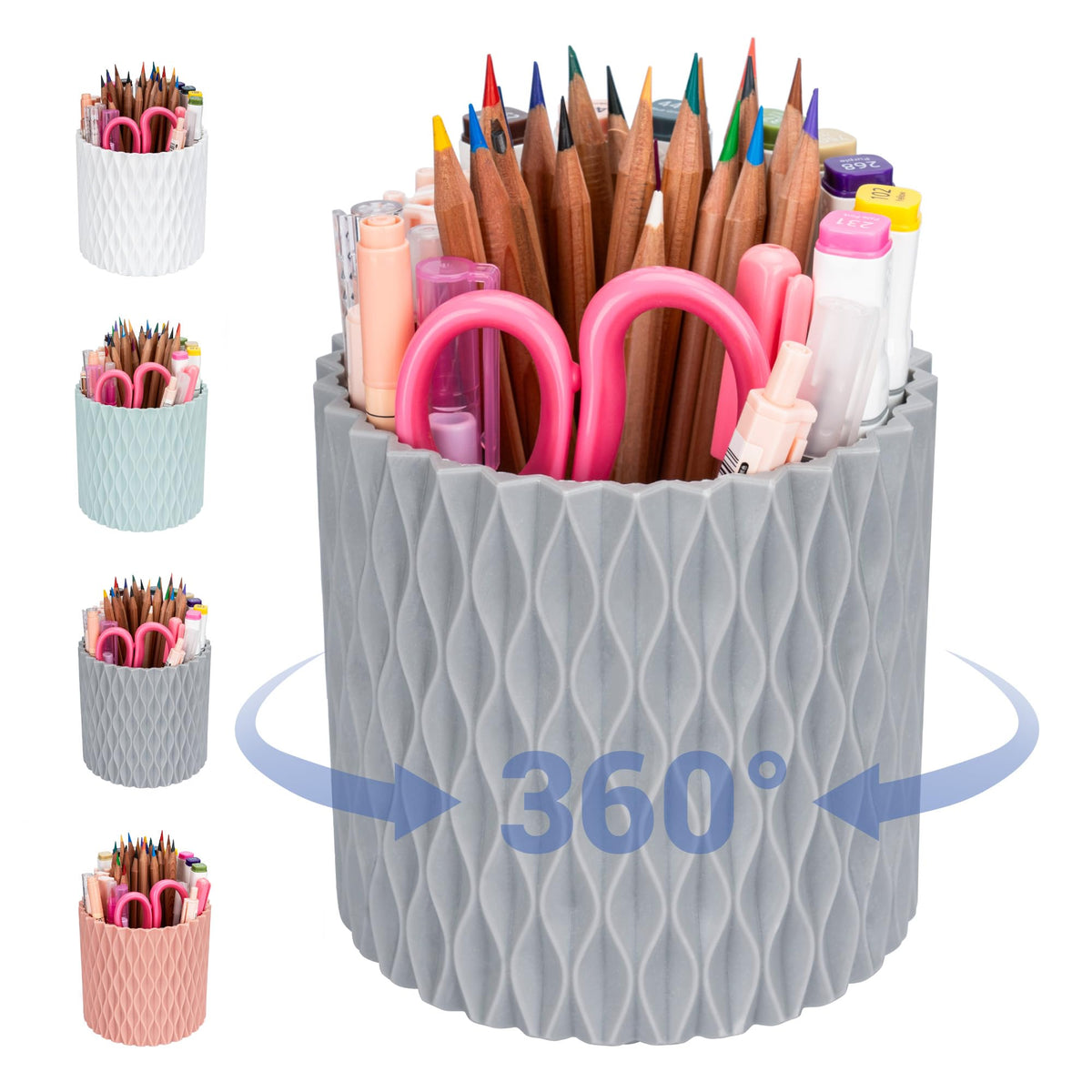 Pen Holder - 360° Rotating, 5 Slot Pen Holder For Desk. Pencil Holder For Office,School,Dorm Room&Vanity, Desk Accessories(White)