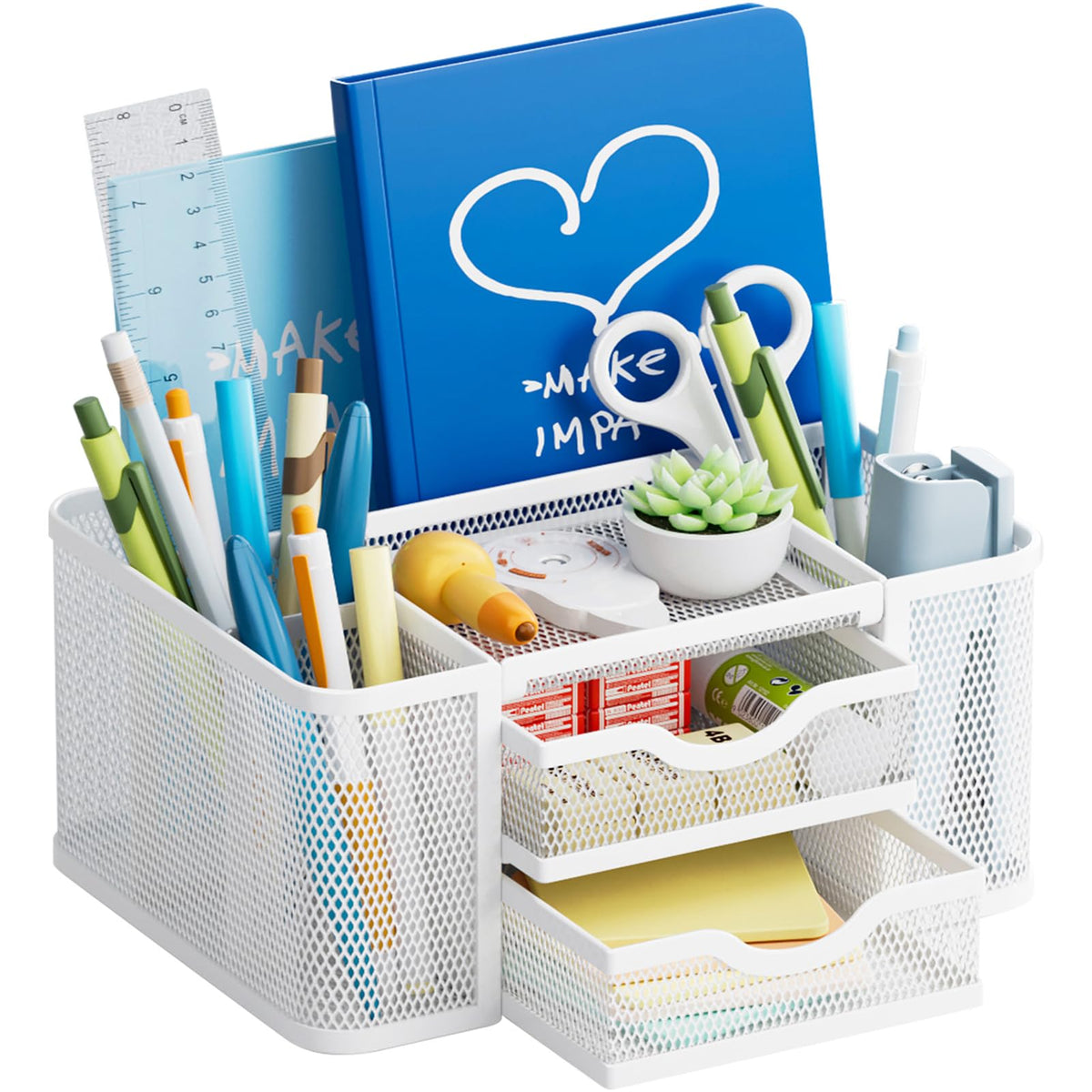 Marbrasse Mesh Desk Organizer, Pen Organizer with 2 Drawer, Multi-Functional Pencil Holder, Desk Organizers and Accessories with 5 Compartments + Drawer for Office Art Supplies (Black)