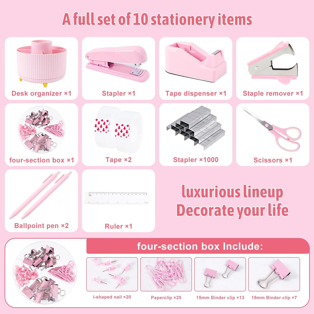 Gawsey Pink Desk Organizers and Accessories with Desk Organizer 360° Rotating Pen Holder and Office Supplies, Cute Stationery Supplies Set
