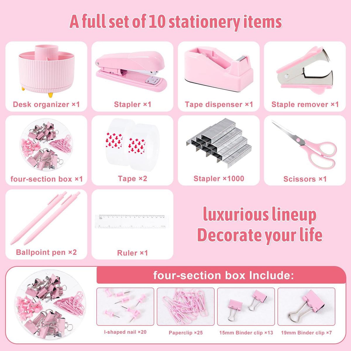 Gawsey Pink Desk Organizers and Accessories with Desk Organizer 360° Rotating Pen Holder and Office Supplies, Cute Stationery Supplies Set
