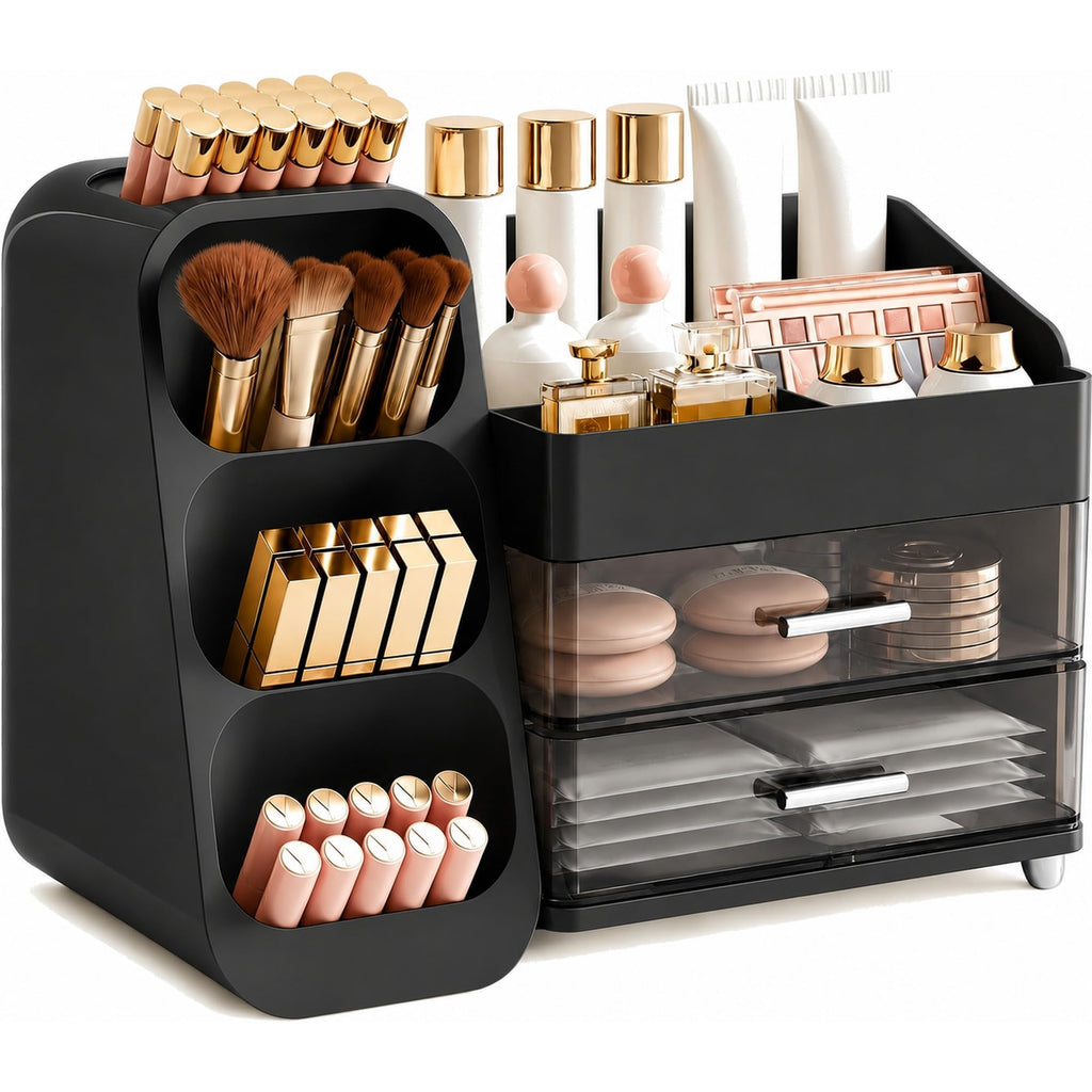 Makeup Organizer with Drawers, Large Capacity Countertop Organizers for Vanity,Bathroom and Bedroom Desk Cosmetics Organizer,Easy To Storage Skincare,Brushes,Lotions,Lipstick (Black)