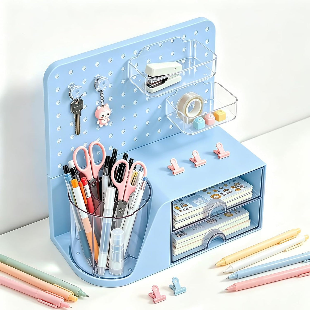Desk Organizer with 360° Rotating Pen Holder, 5 Slots, 2 Drawers & Pegboard for Office School Art Supplies (Blue)