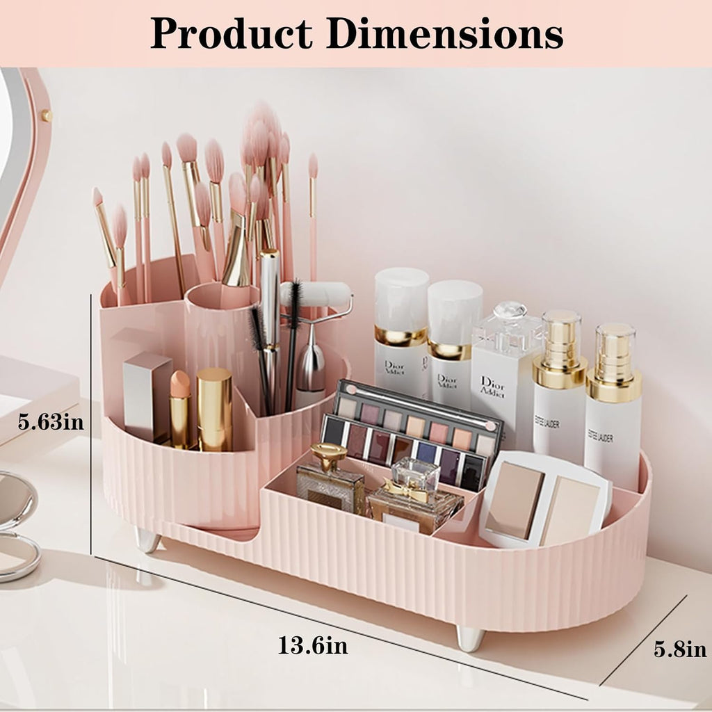Pink Rotating Vanity Organizer with Brush Holder - Large Spinning Cosmetic Storage, Countertop Makeup & Skincare Organizer, Perfume & Lotions Display Case