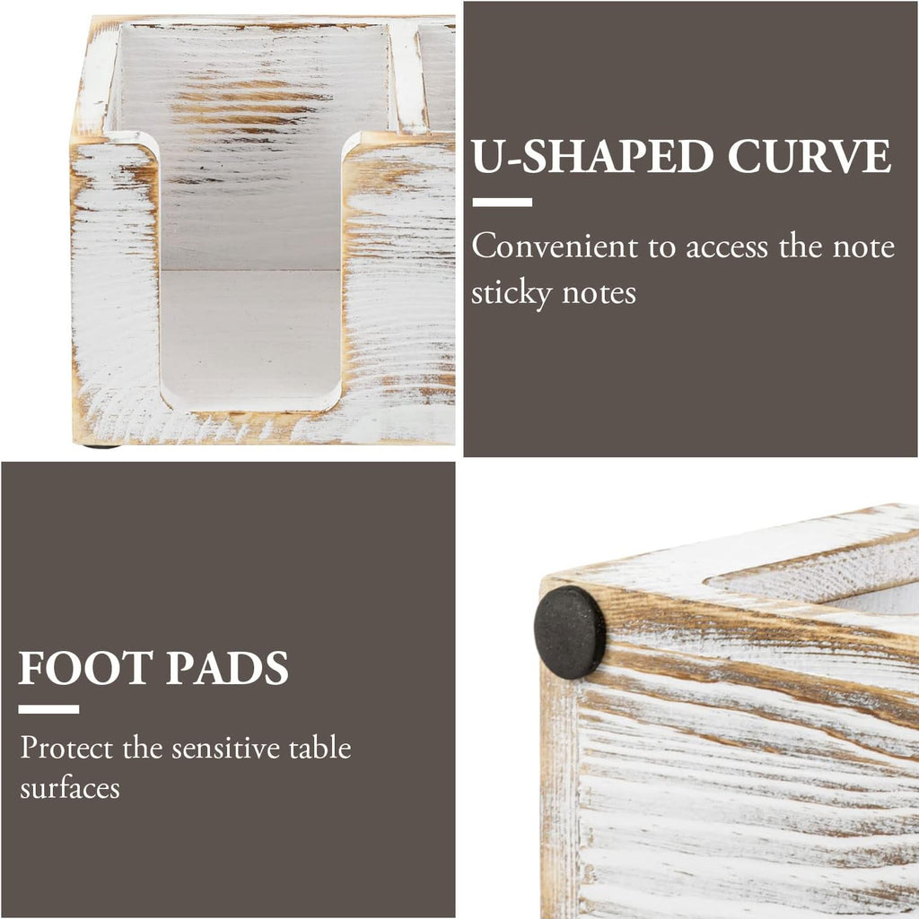 MyGift White Washed Wood Sticky Note Holder, Desktop Stationery Caddy