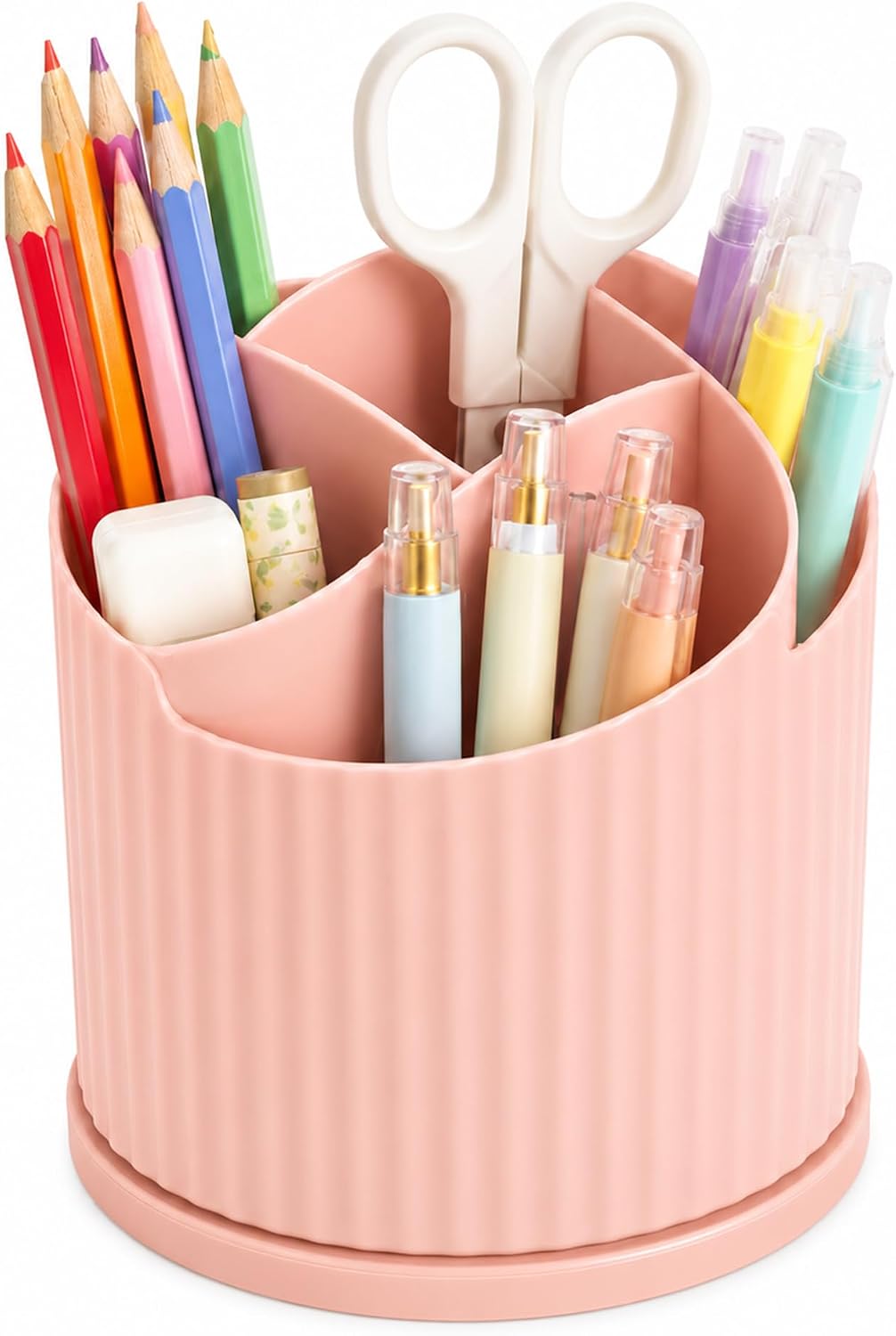 Desk Organizer, 360° Rotating Pen Holder with 5 Compartments, Pink