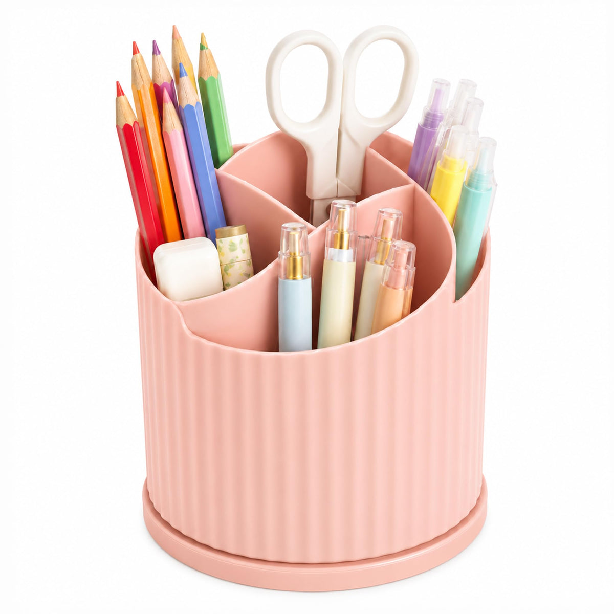 Desk Organizer, 360° Rotating Pen Holder with 5 Compartments, Pink
