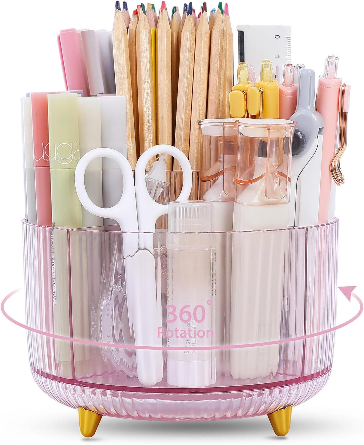 SKYDUE Rotating Pencil Pen Holder, Pen Organizer with 5 Slots - Aesthetic Desk Organizer and Accessories for School, Home, Office Supplies
