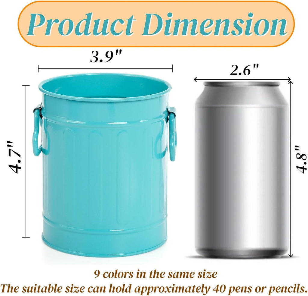 Noamus 9 Pack Metal Pen Holder, Mini Pencil Bucket with Handle, Desktop Pencil Cup Makeup Brush Organizer, Desk Colorful Small Pails, Stationary Supplies Container for Office Classroom School Crafts