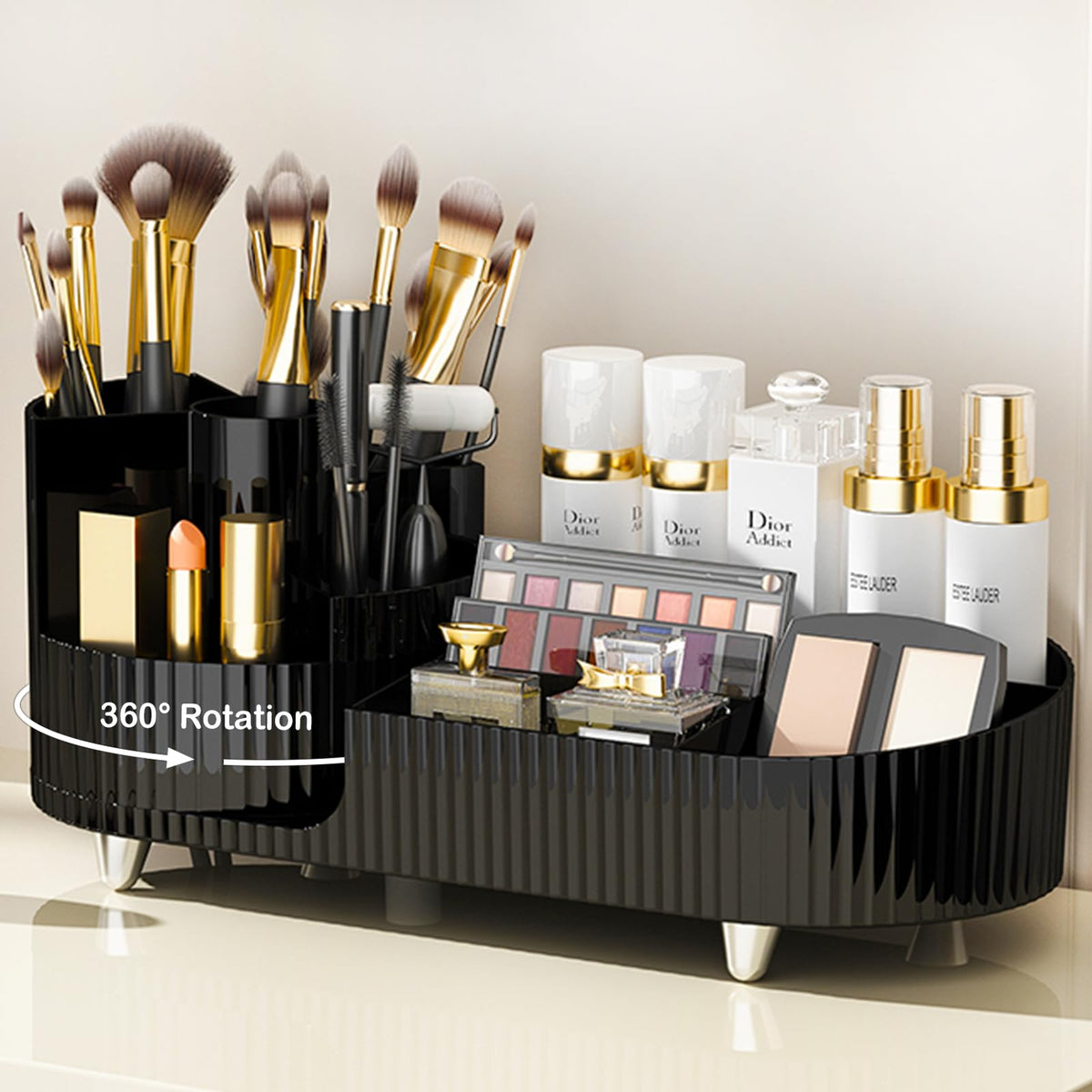 Pink Rotating Vanity Organizer with Brush Holder - Large Spinning Cosmetic Storage, Countertop Makeup & Skincare Organizer, Perfume & Lotions Display Case