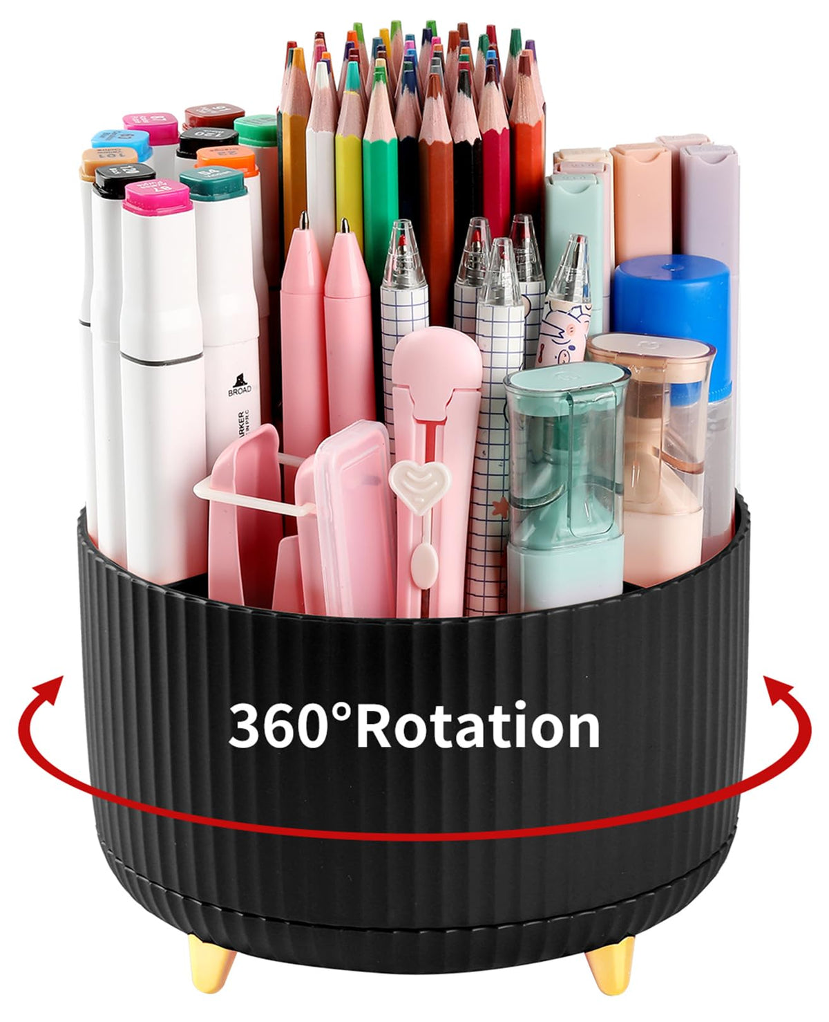 Desk Pencil Pen Holder, 5 Slots 360°Degree Rotating Pen Organizers for Desk, Desktop Storage Stationery Supplies Organizer, Cute Pencil Cup Pot for Office, School, Home, Art Supply, Beige