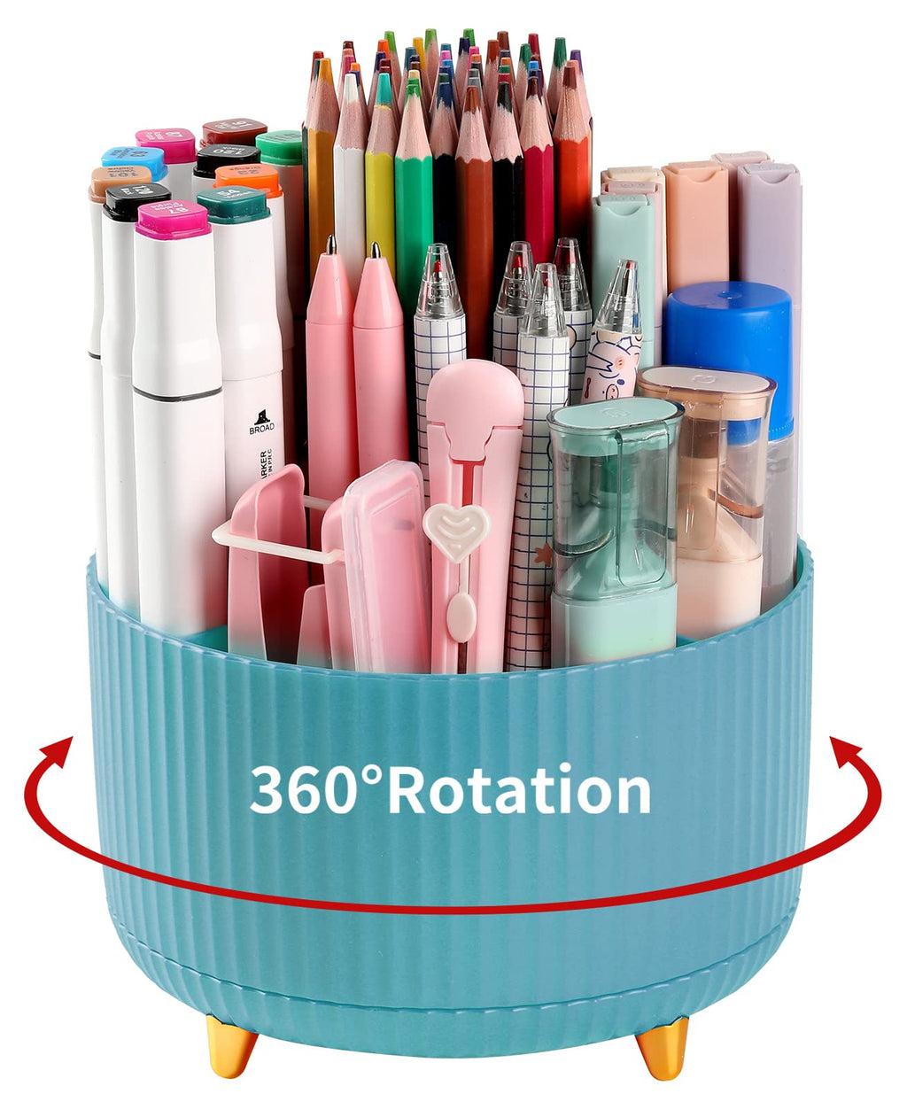 Desk Pencil Pen Holder, 5 Slots 360°Degree Rotating Pen Organizers for Desk, Desktop Storage Stationery Supplies Organizer, Cute Pencil Cup Pot for Office, School, Home, Art Supply, Beige