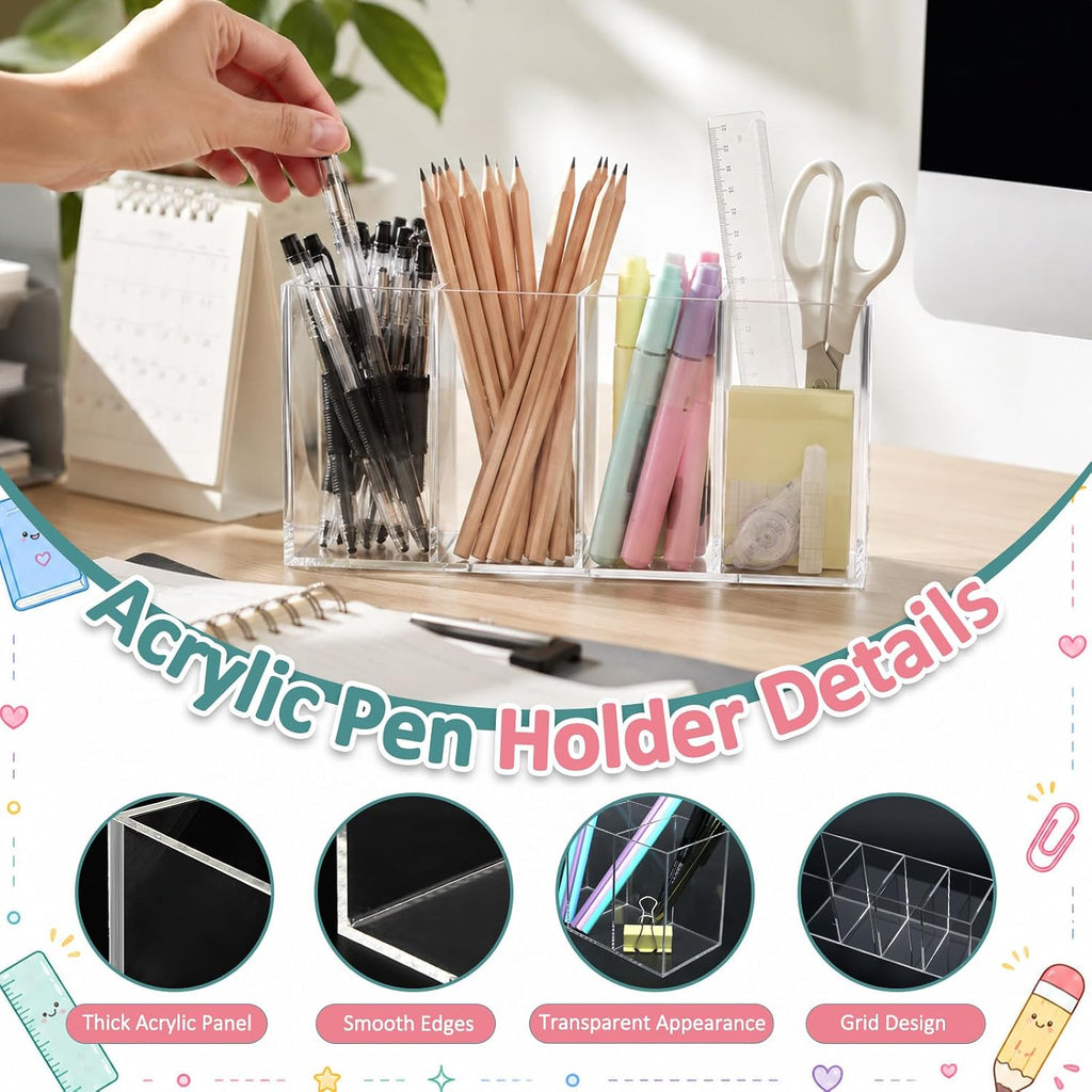 Mototo Acrylic Pen Holder Back to School 4 Compartments Pencil Organizer