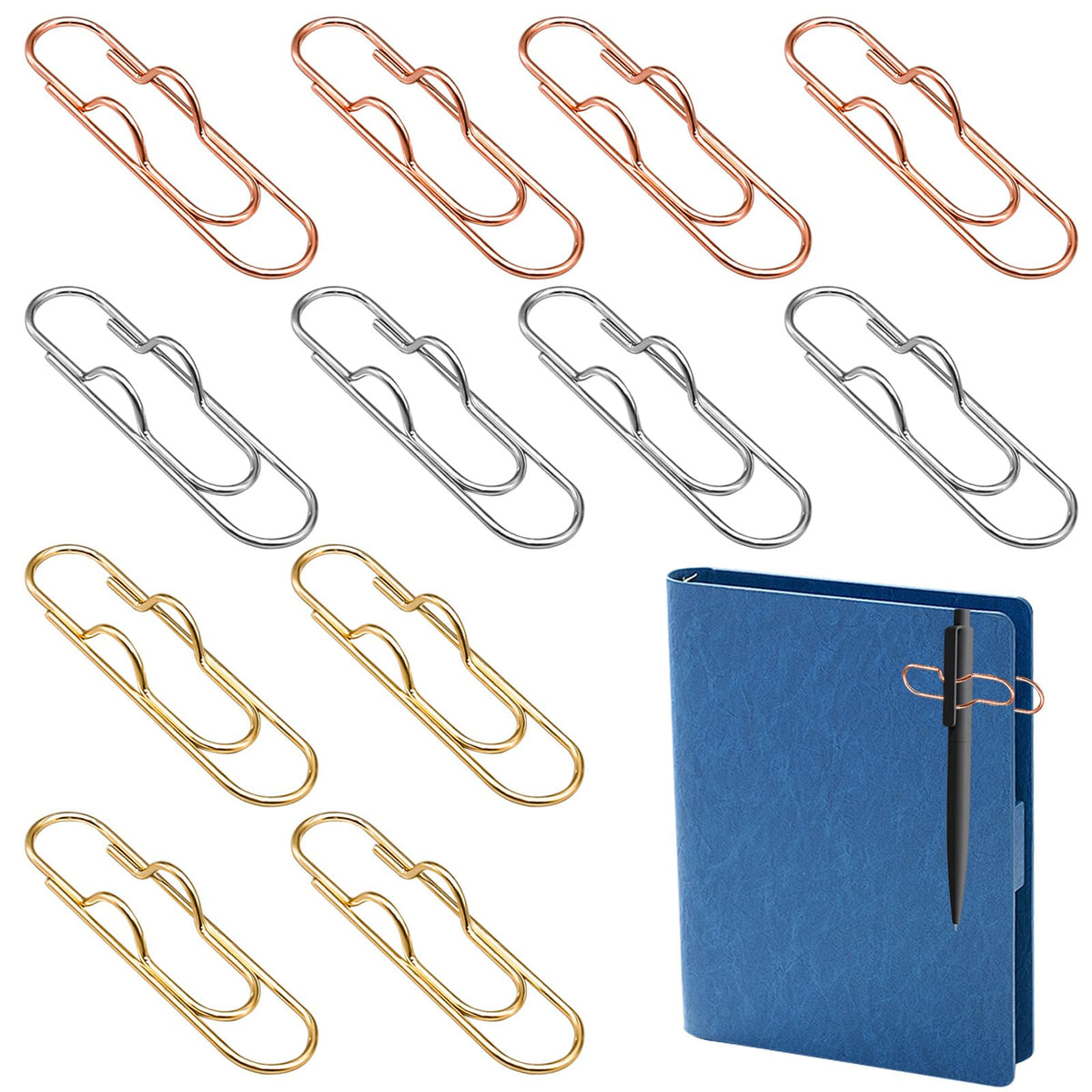 12Pcs Metal Pen Clip for Notebook, Portable Pen Holder Clip Pencil Clip, Multi Function Paper Clip Pen Holder Pen Paper Clip Bookmark Stationery Tool Office Supplies for Notebook Journals, Gold