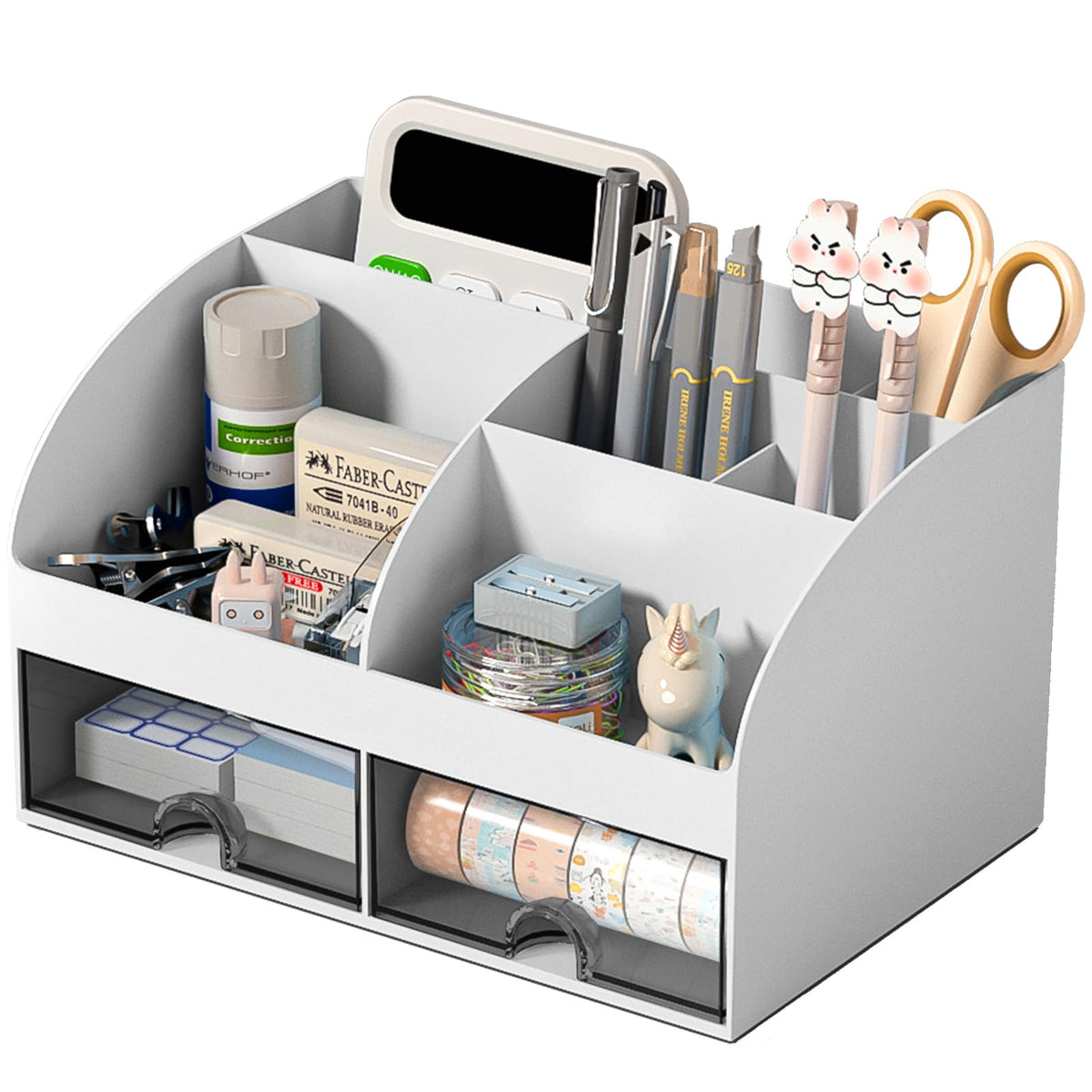COMFYROOM Desk Organizer with 6 Compartments and 2 Drawers, Plastic Makeup Organizer, Pen Holder for Desktop Storage, Desk Organization for School, Home, Office Supplies (White)