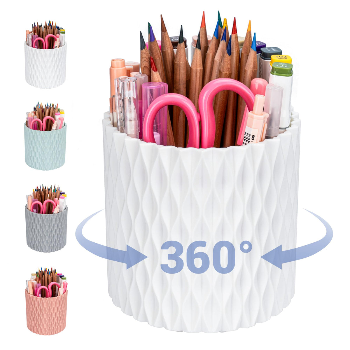 Pen Holder - 360° Rotating, 5 Slot Pen Holder For Desk. Pencil Holder For Office,School,Dorm Room&Vanity, Desk Accessories(White)
