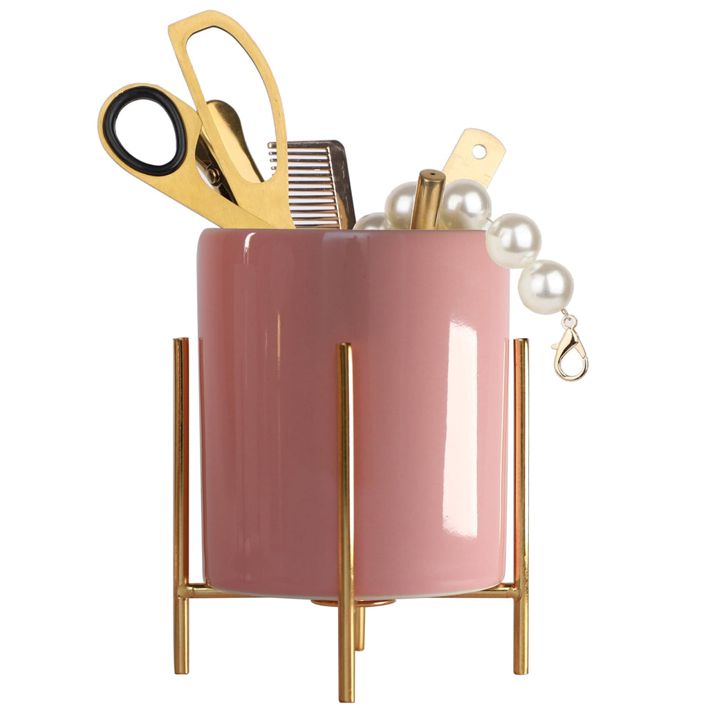 Gold pencil cup Sturdy metal frame with white ceramic pen holder For desks and kitchen appliance holders