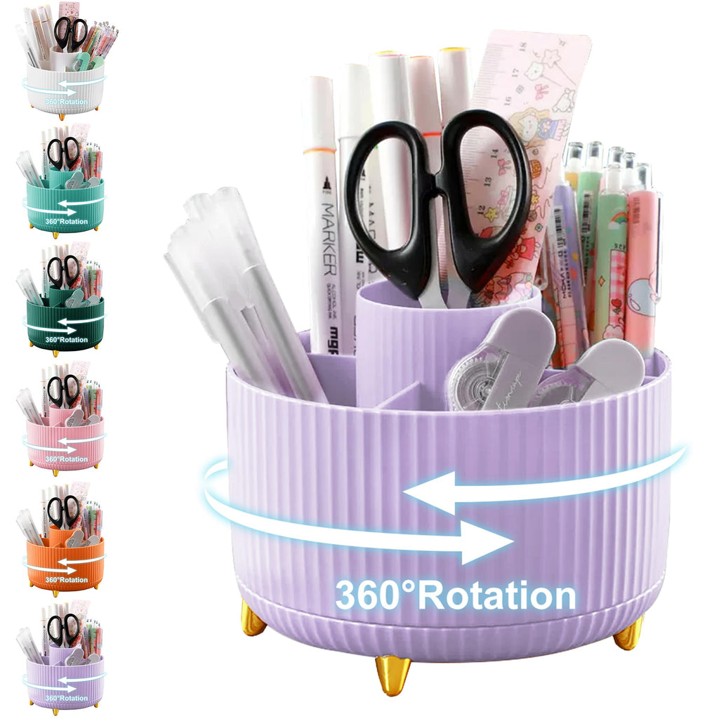 Cayxenful Pencil Holder For Desk,5 Slots 360°Degree Rotating Desk Organizers And Accessories,Desktop Storage Stationery Supplies Organizer, Cute Pencil Cup Pot For Office, School, Home (B-White)
