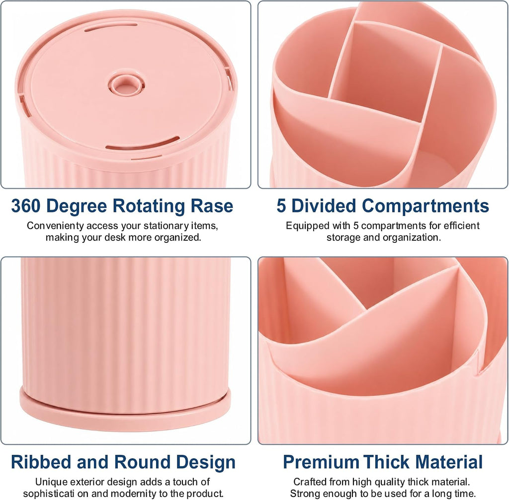 Desk Organizer, 360° Rotating Pen Holder with 5 Compartments, Pink