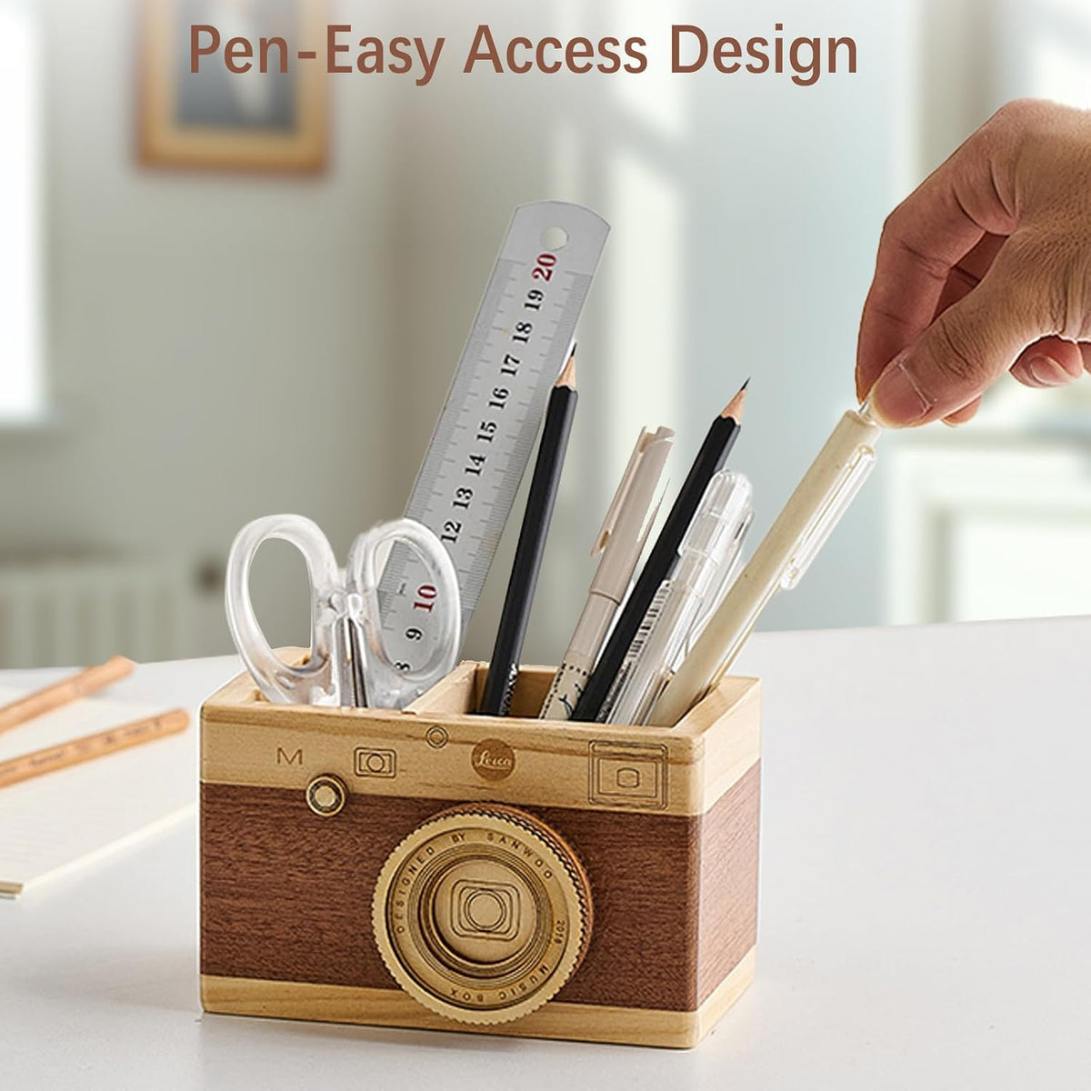 Vintage Wooden Camera Pencil Holder – Retro Desk Organizer for Pens & Stationery, Unique Photography Gift for Photographers, Creative Wooden Pen Holder for Office & Home Decor (Double slot)