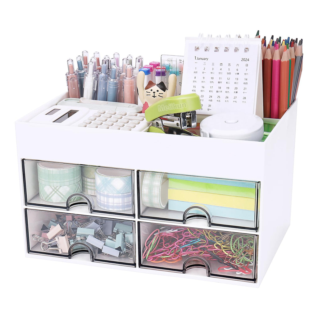 Meiikun Desk Organizer with Drawer, Pen Organizer for Desk, Small Pencil Holder, Desk Organizers and Accessories for Office Home Storage (2 Drawers+4 Compartments, Pink)