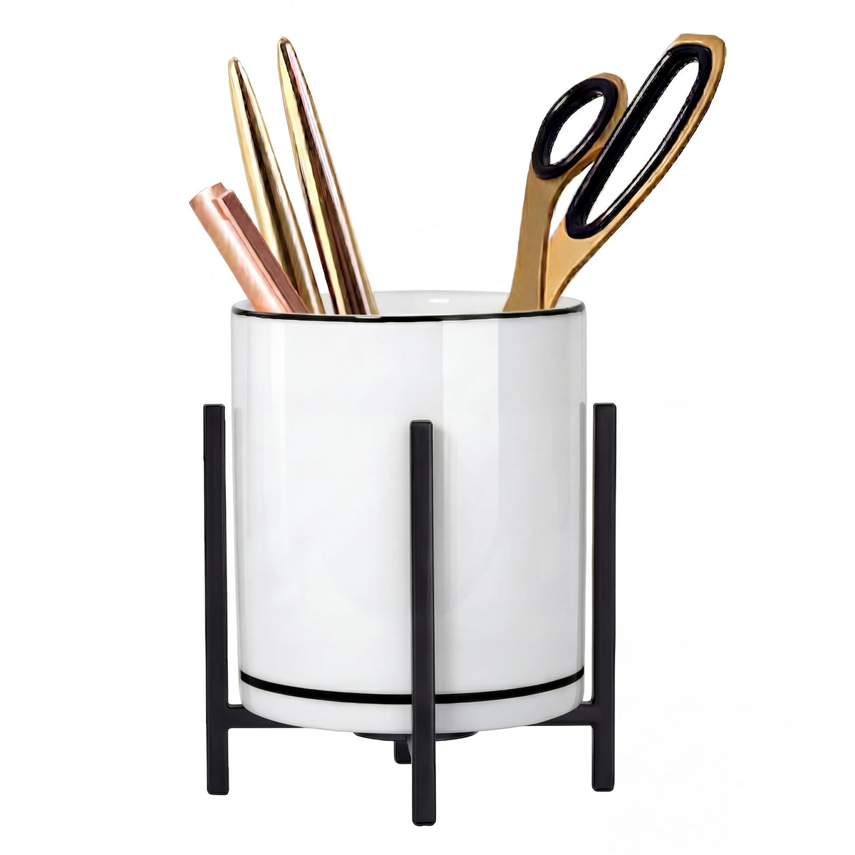 4.72" Gold Pen Holder Aesthetic Pencil Holder for Desk, Gold Desk Organizers and Accessories for Women Girls, Ceramic Pen Holder for Office