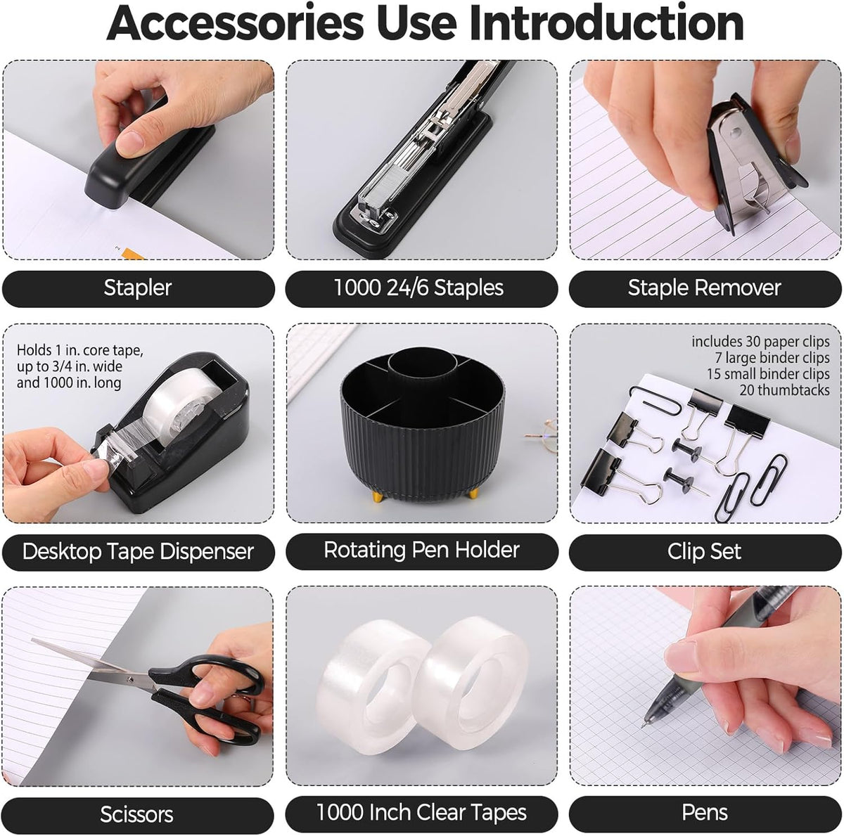 SKYDUE Black Office Supplies with Pencil Holder,Desk Accessories 11PCS