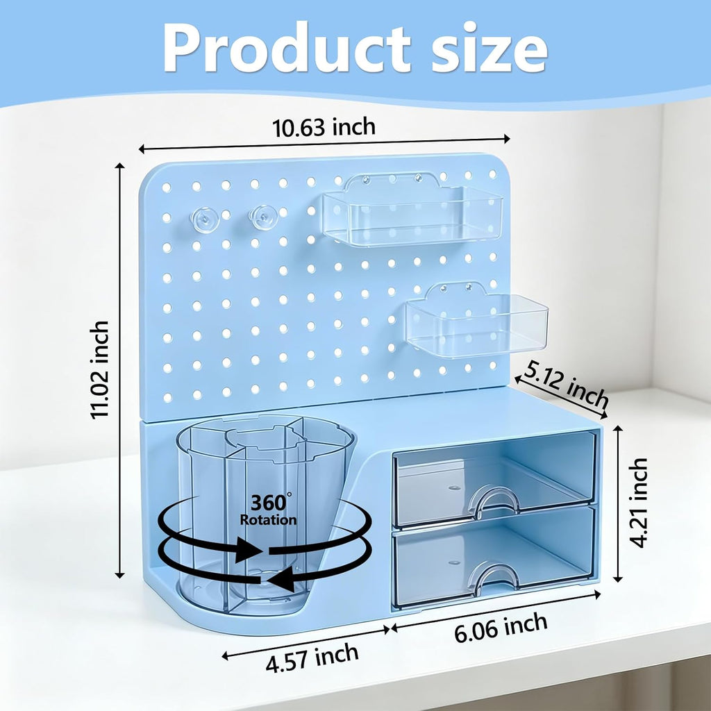 Desk Organizer with 360° Rotating Pen Holder, 5 Slots, 2 Drawers & Pegboard for Office School Art Supplies (Blue)