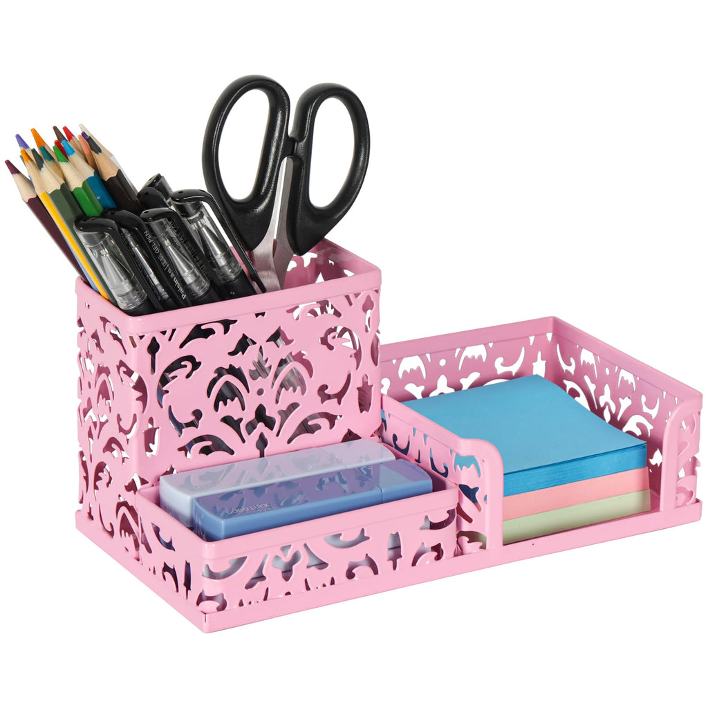 EasyPAG Desk Organizer 3 Compartment Pen Holder for Desk Office Supplies Caddy with Sticky Notes Holder for School Home, Gold