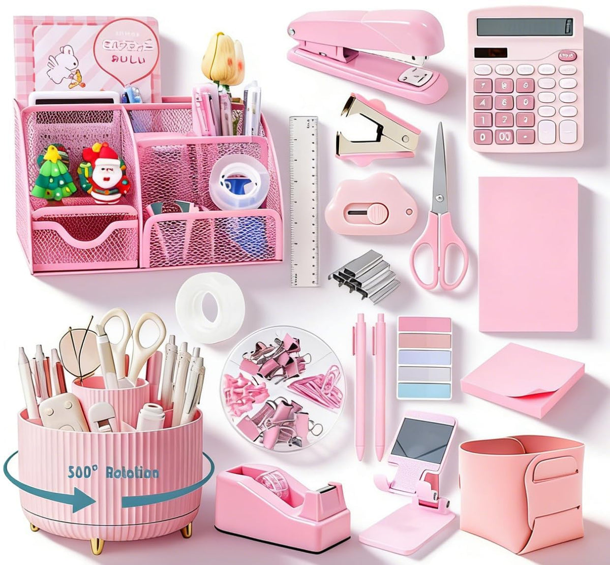 Gawsey Desk Organizers and Accessories with Desk Organizer 360° Rotating Pen Holder and Office Supplies, Cute Stationery Supplies Set (Purple)