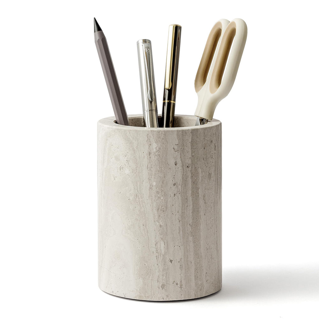 Natural Marble Pen Holder for Desk, Handcrafted Volakas Sturdy Desk Organizer for Office Supplies Storage Desktop Stationary Makeup Brushes Cup Pencil Holders for Home White (DL002)