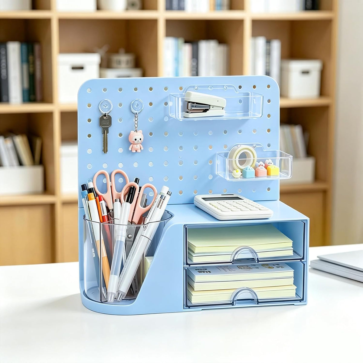 Desk Organizer with 360° Rotating Pen Holder, 5 Slots, 2 Drawers & Pegboard for Office School Art Supplies (Blue)