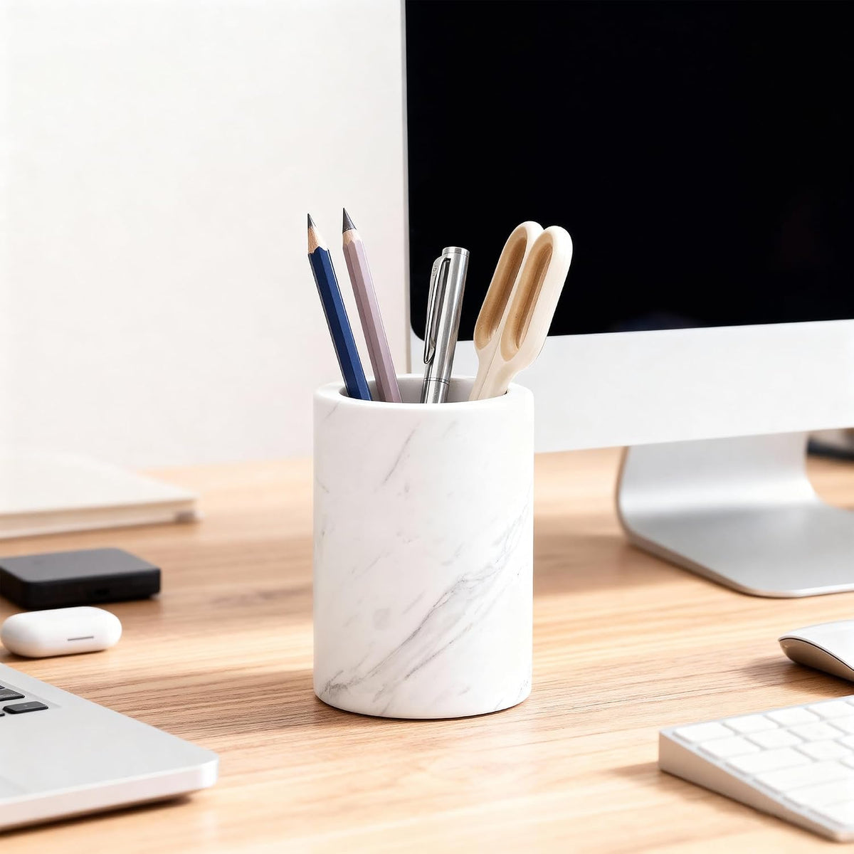 Natural Marble Pen Holder for Desk, Handcrafted Volakas Sturdy Desk Organizer for Office Supplies Storage Desktop Stationary Makeup Brushes Cup Pencil Holders for Home White (DL002)