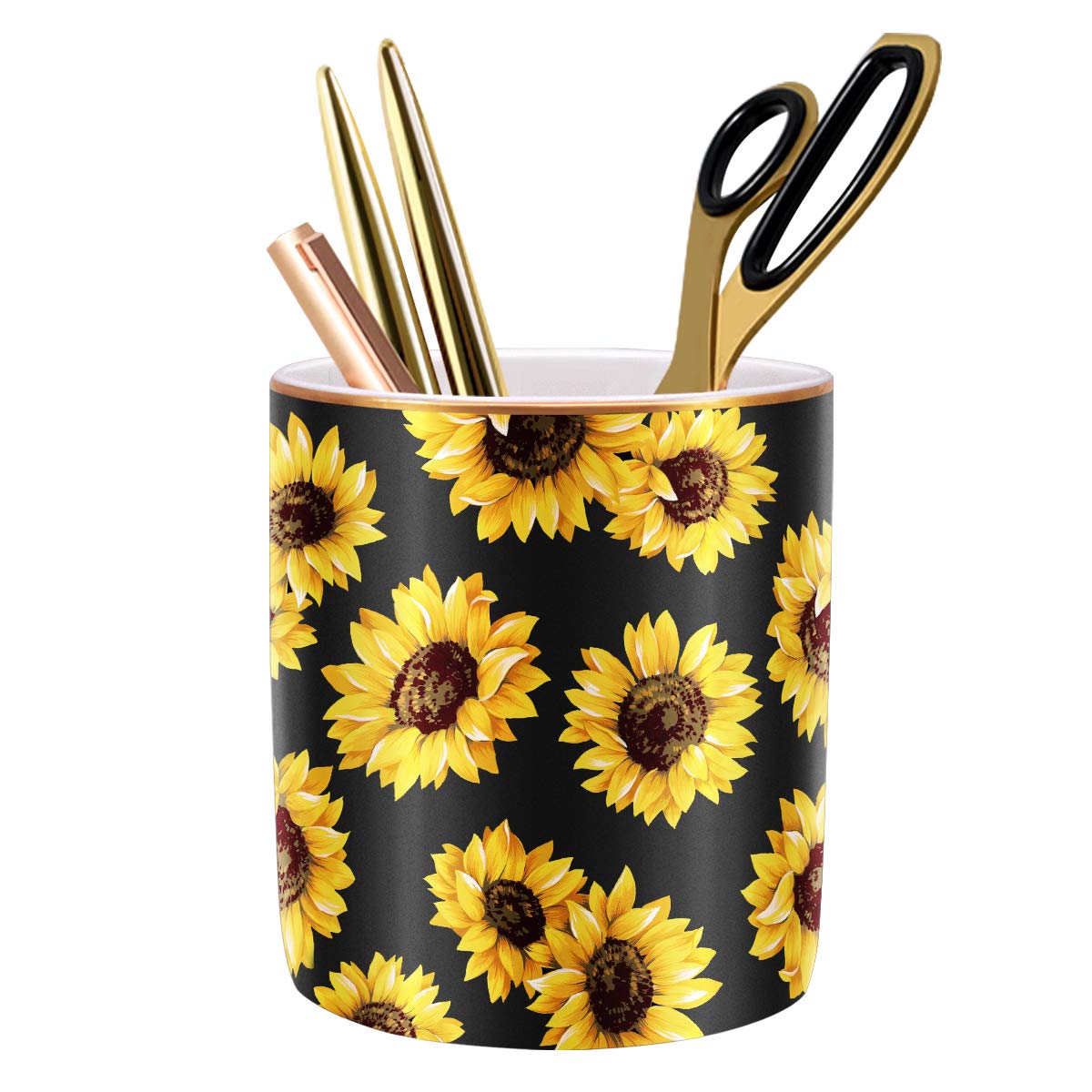 Large Capacity Colored Pen Holder for Desk, Ceramic Pencil Holder Pen Cup Marker Holder Makeup Brush Holders, Desk Accessories & Workspace Organizers for Home, Office, White Flower