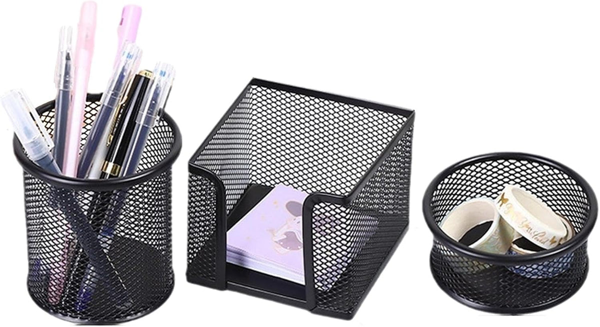 3-Piece Metal Desk Organizers Set, Mesh Pencil Holder with Sticky Note Holder and Paper Clip holder, Stationery Storage for Home, Classroom & Workplace