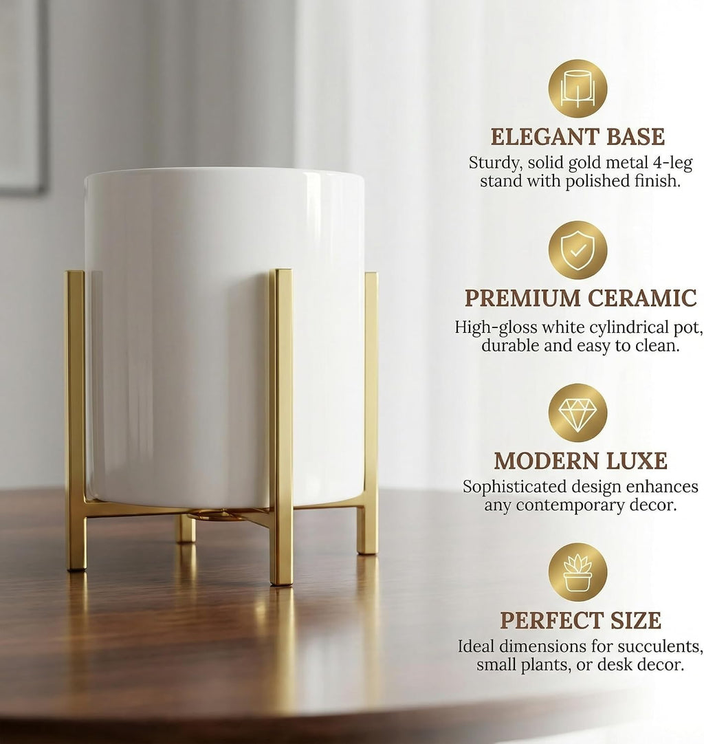 4.72" Gold Pen Holder Aesthetic Pencil Holder for Desk, Gold Desk Organizers and Accessories for Women Girls, Ceramic Pen Holder for Office