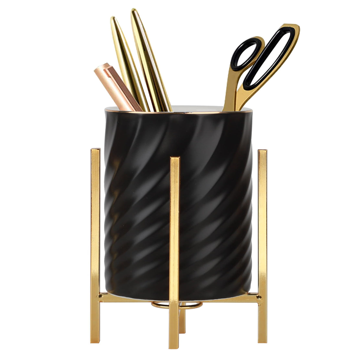 Gold pencil cup Sturdy metal frame with white ceramic pen holder For desks and kitchen appliance holders
