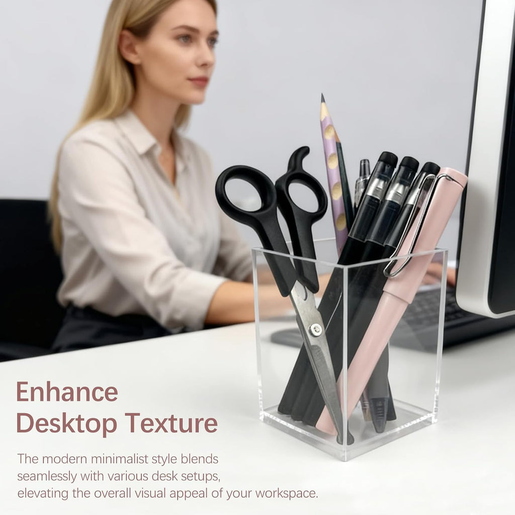 Clear Acrylic Pen Holder Cup Set of 2, Simple Modern Desktop Organizer for Stationery, Makeup Brushes, Office, Study and Home