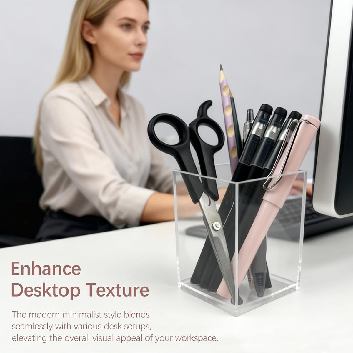 Clear Acrylic Pen Holder Cup Set of 2, Simple Modern Desktop Organizer for Stationery, Makeup Brushes, Office, Study and Home