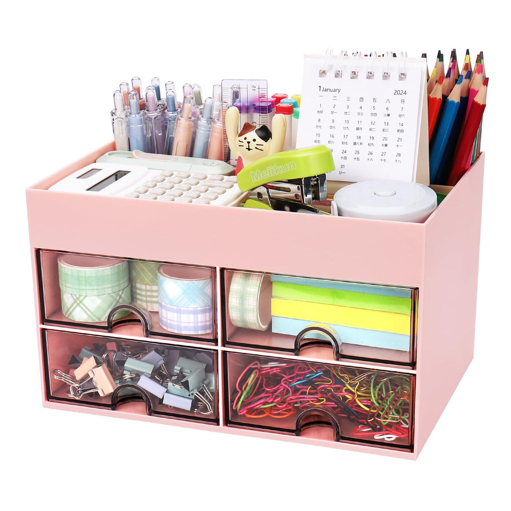 Meiikun Desk Organizer with Drawer, Pen Organizer for Desk, Small Pencil Holder, Desk Organizers and Accessories for Office Home Storage (2 Drawers+4 Compartments, Pink)